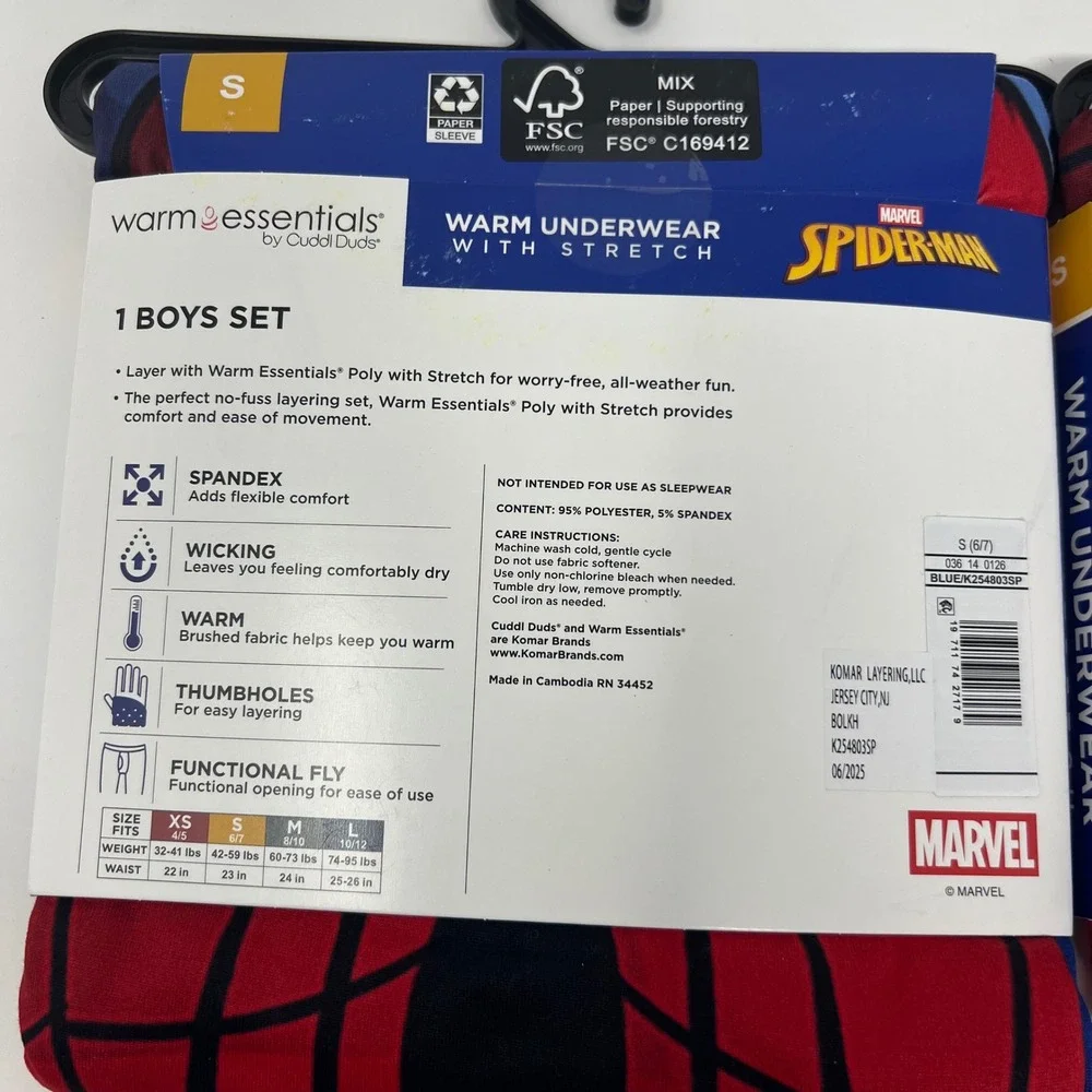 Warm Essentials Cuddl Duds Spiderman Underwear 2 pc Set Boys S 6/7 Marvel NWT